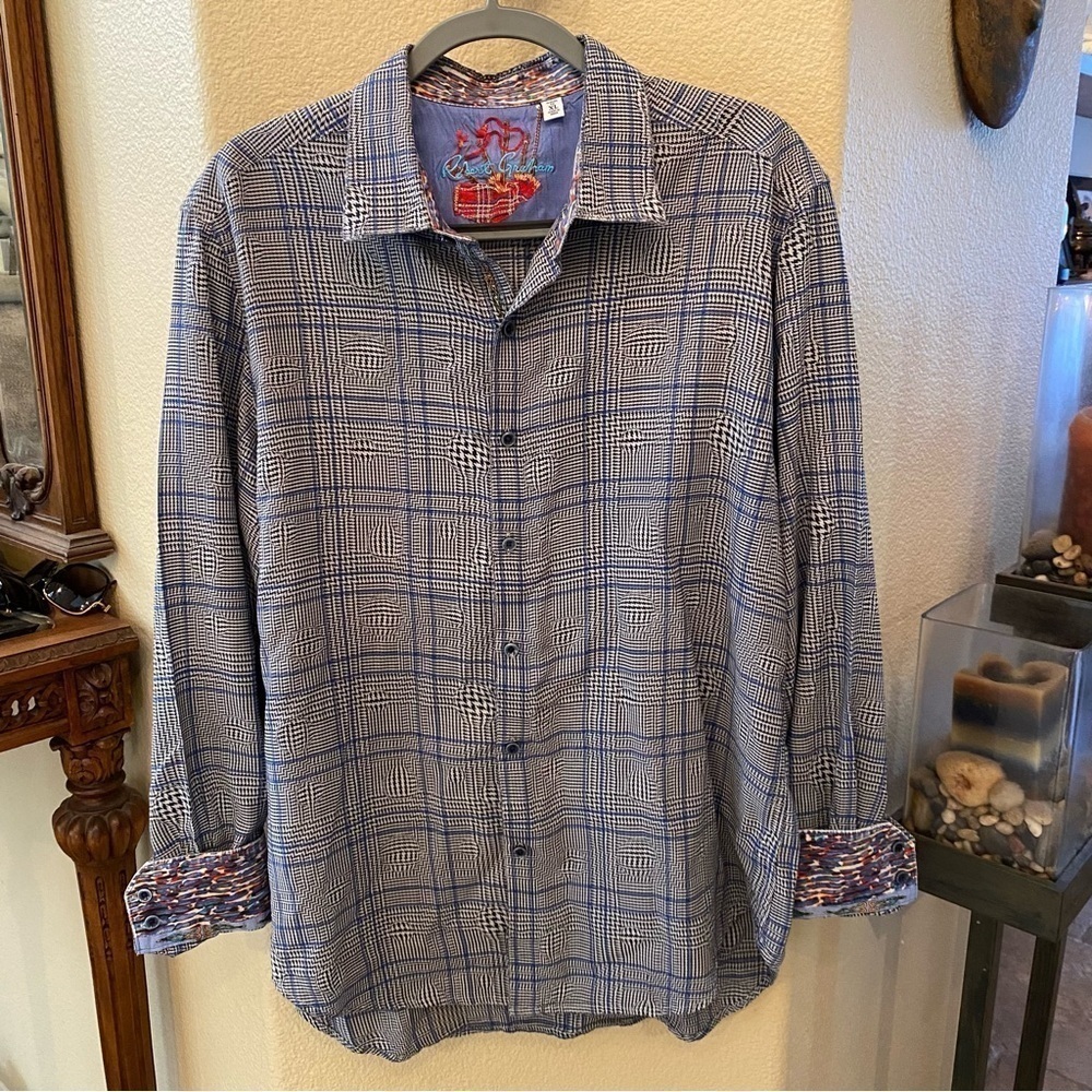 ROBERT GRAHAM Men Classic Fit Blue Black Patterned Button Flip Cuffs Shirt-XL